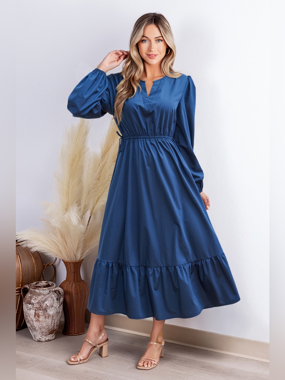 CUPSHE Moonlit Avenue Blue Maxi Dress Satin S Puff Shoulder Balloon Sleeve NEW